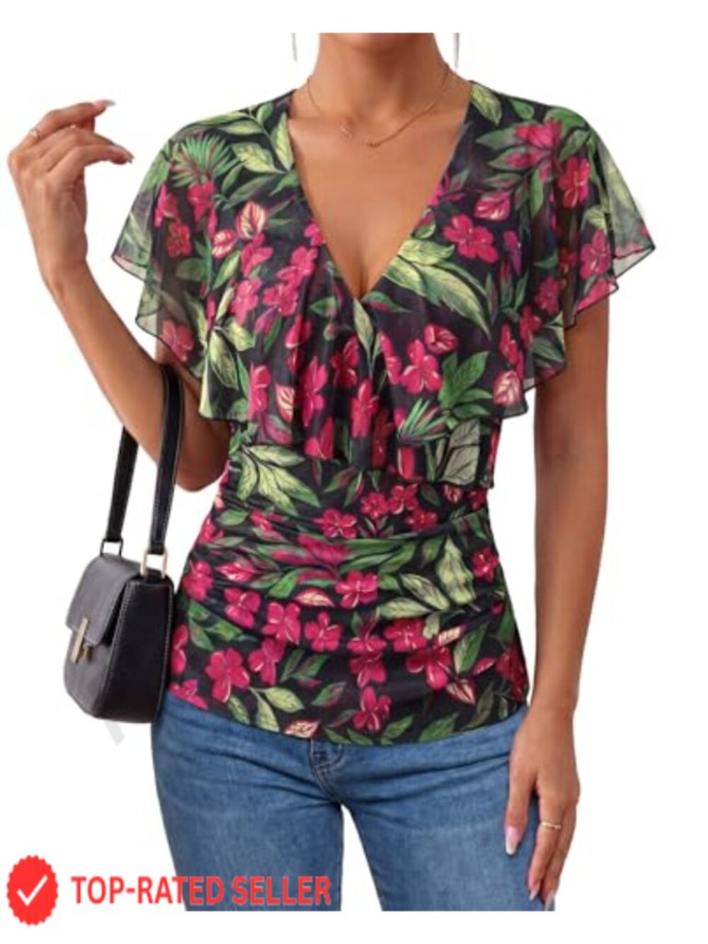 Womens Dressy Ruffle Sleeve Wrap Blouse Ruched Business Work Top